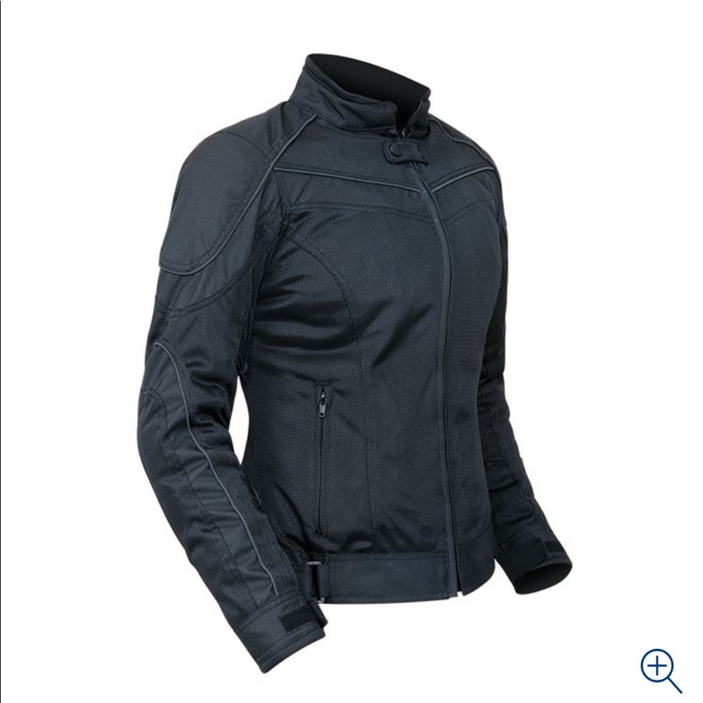 Medium BILT women’s motorcycle jacket with matching small gloves.